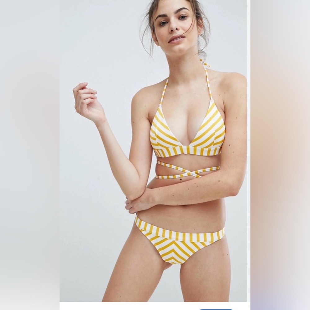 Yellow & White Striped Triangle Bikini Set